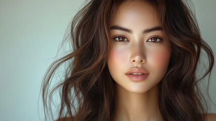 Naklejka premium Korean woman with wavy hair showcases natural beauty in soft lighting at a studio setting