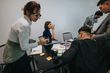 Diverse business employees engage in a brainstorming session, analyzing and discussing project ideas together at a modern office table, fostering collaboration and innovation.