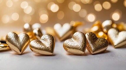 Naklejka premium Close-up of golden heart decorations on a soft glowing bokeh background, creating a romantic and luxurious atmosphere. Valentines day