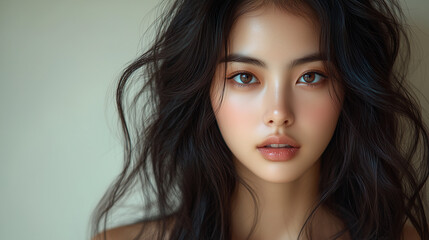 Naklejka premium Korean woman with long dark hair and captivating eyes poses against a neutral background