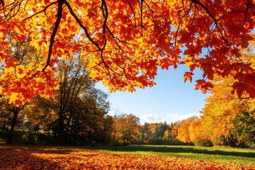 A vibrant autumn scene with bright orange leaves framing a sunny meadow, showcasing the beauty of fall foliage.