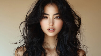 Naklejka premium Korean woman showcasing long, flowing hair against a soft background in a natural light setting
