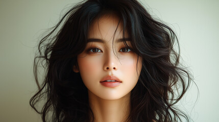 Naklejka premium Korean woman with flowing hair poses gracefully against a light backdrop capturing natural beauty and elegance