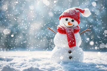 Fototapeta premium A snowman wearing a red hat and scarf stands in the snow on snowfall bokeh background with copy space