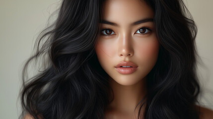 Fototapeta premium Portrait of a young Korean woman with long dark hair against a neutral background, showcasing natural beauty and elegance