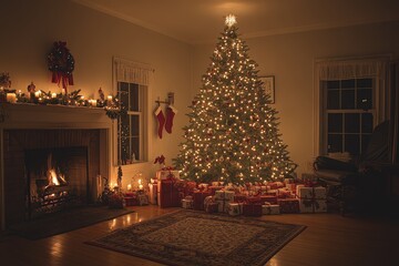 Fototapeta premium Cozy Christmas scene with decorated tree, twinkling lights, fireplace glow, and flickering candles. Wrapped presents beneath the tree creating a festive atmosphere.