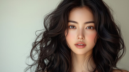 Fototapeta premium Korean woman with beautiful long hair smiling softly against a neutral background in bright lighting