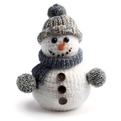 Obraz premium cute toy knitted snowman with gray hat and scarf isolated on white background