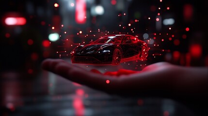 Futuristic Car Hologram in Hand: A Digital Automotive Revolution