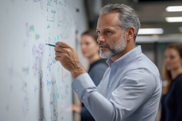 Fototapeta premium A focused professional explains concepts on a whiteboard, emphasizing collaboration in a modern workspace with engaged colleagues observing behind him.