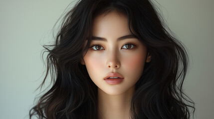 Fototapeta premium Korean woman with wavy black hair posing against a neutral background in soft lighting