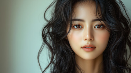 Naklejka premium Portrait of a young Korean woman with wavy hair, showcasing natural beauty and expression in soft light