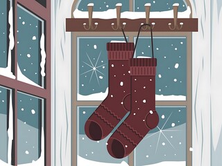 Festive Christmas stockings hang by snowy window