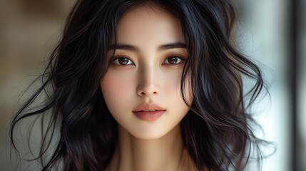 Naklejka premium Captivating portrait of a young Korean woman with flowing dark hair showcasing natural beauty in a serene setting
