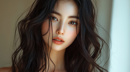 Fototapeta premium Portrait of a young woman with flowing dark hair and captivating eyes, showcasing natural beauty and elegance in a serene setting