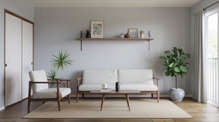 Minimalist Living Room Interior Design with Natural Elements. Discover this serene minimalist living room featuring a cozy sofa, elegant decor, and lush greenery for a calming atmosphere.