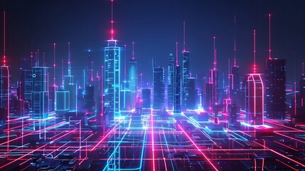 Fototapeta premium Neon Cityscape: Futuristic Digital Metropolis at Night