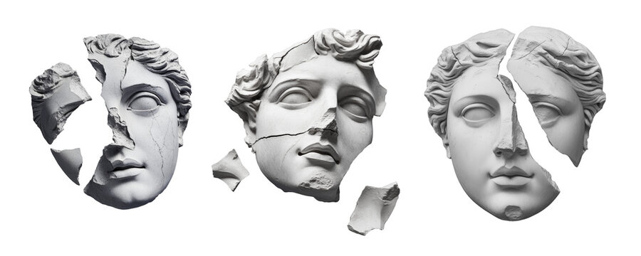 Broken pieces of ancient greek statue face isolated. Antique sculpture head broken fragments png.