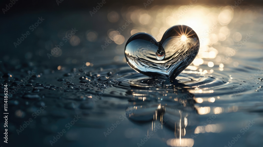 Poster a heart-shaped drop of water floats on the surface of the water, creating ripples. this image symbol