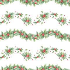 Christmas seamless pattern with holly, berries, leaves, cones and spruce branches. Hand drawn winter watercolor illustration isolated on white for New Year festive packaging paper, textile and design.