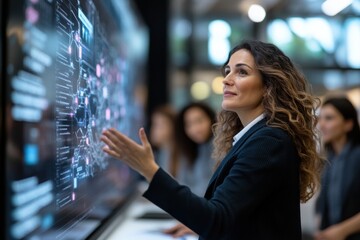 A businesswoman smiles while interacting with a digital interface that displays complex data in a sleek office environment, emphasizing modern technology's role in business.