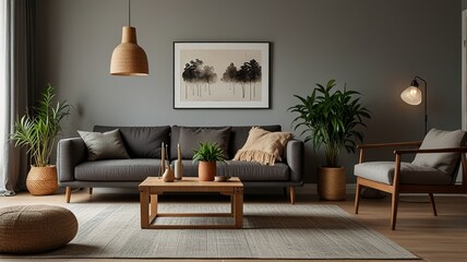 Wooden table in front of couch in spacious living room interior with plants and lamps. Real photo