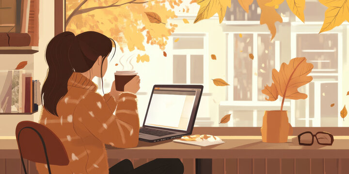 A cozy cafe scene with a laptop, sipping a warm pumpkin spice latte