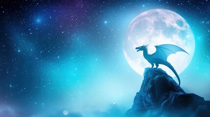 Fototapeta premium Dragon Silhouettes A dragon silhouette perched atop a mountain peak, silhouetted against a full moon, its form outlined against the starry night sky, evoking mystery and power.