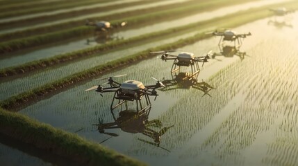 Autonomous drones planting rice seeds in a flooded paddy field, precisely mapping out planting grids using GPS. AI technology predicts yield potential and water requirements in real-time. 