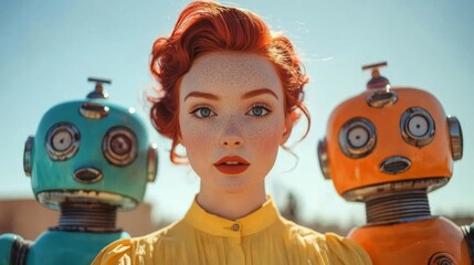Red-haired woman poses with vintage robots under bright sunlight in outdoor setting