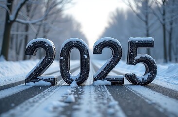 The number 2025 on a snowy asphalt road, behind there is a snowy forest