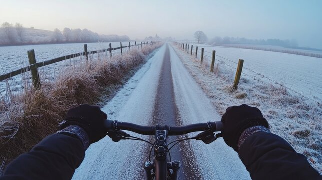 Riding a bike along a snow-covered path surrounded by frosty fields and fences during the early morning. The landscape is serene and quiet, showcasing the beauty of winter.