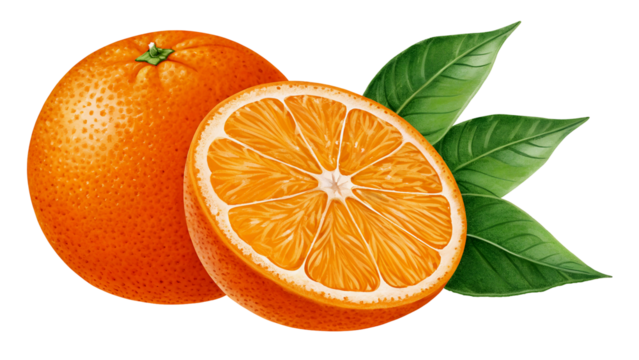 Fresh Orange Fruit Slice with Leaf, Isolated on White Background, High-Quality PNG Cut-Out, Juicy, Ripe, Healthy, Organic, Refreshing, Vitamin C, Tropical, Realistic Photography, Download