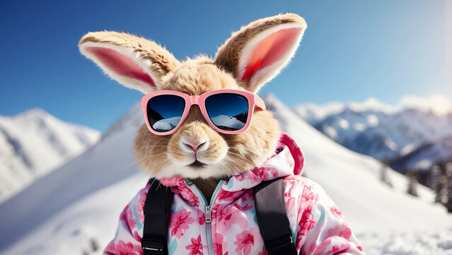 A cute Easter bunny wearing sunglasses skis down a mountainside snowy hill, bringing whimsical fun to winter and holiday themes.