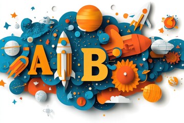 Fototapeta premium Colorful illustration of a creative mind with space and learning elements