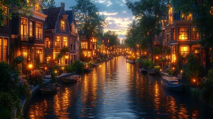 Fototapeta premium Amsterdam evening display capturing the radiant glow of canal houses with lights picture