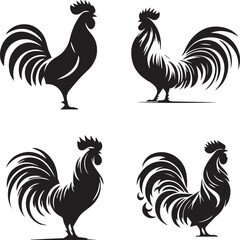 Rooster Silhouette Icons - Black Farm Animal and Poultry Design Set