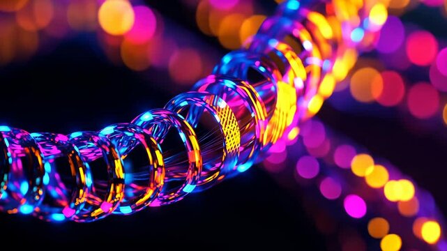 A bioluminescent chain, glowing in neon blue, purple, green, and orange colors on a black background.