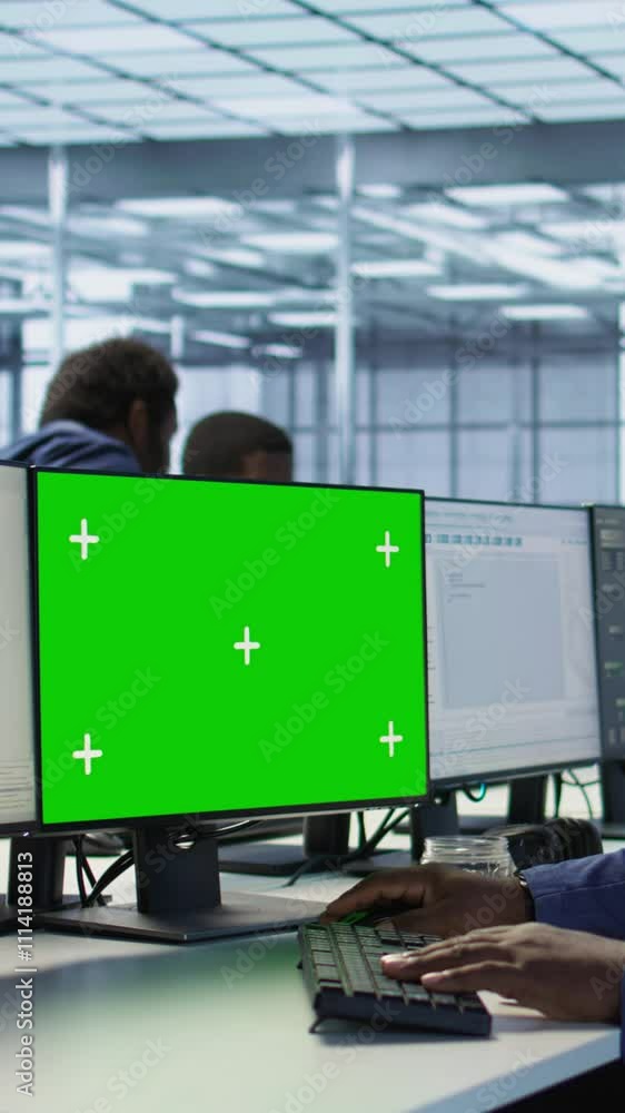 Aufkleber vertical video engineer using green screen computer, working in server farm to optimize it for data 