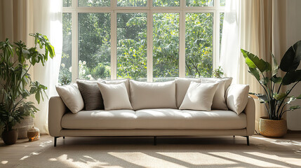 Fototapeta premium Cozy Boho Interior Design with Beige Fabric Sofa Against Window in Living Room