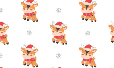 Seamless pattern with hand drawn cute deer in a scarf.
