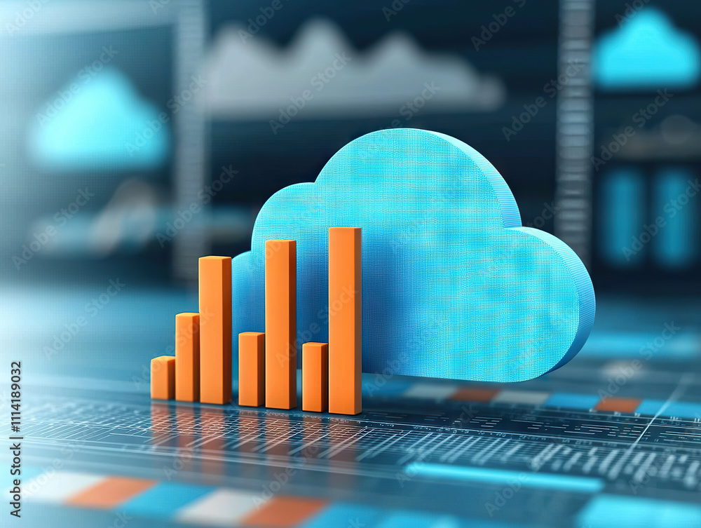 Poster cloud and bar graphs represent cloud budgeting and financial analytics in digital environment