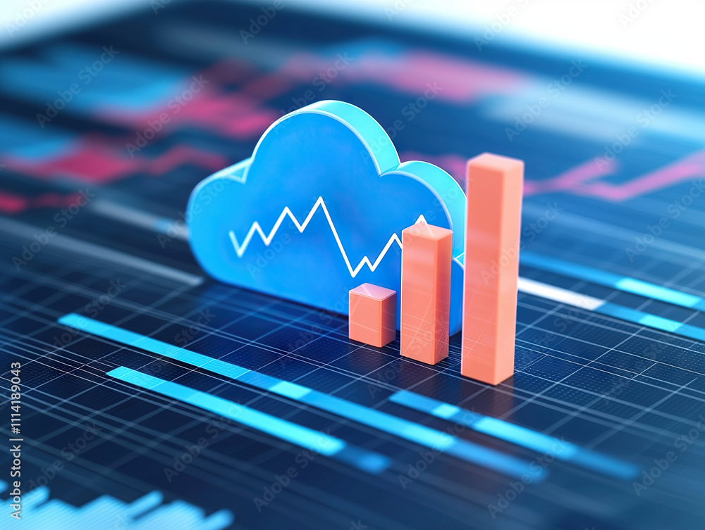 Poster cloud and bar graphs represent cloud budgeting and financial analytics with precision