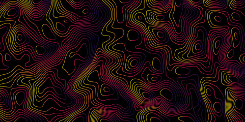 Multicolor wave and light trail background, Luxury gradient color topography wave lines isolated on black background, Beautiful Topo Wallpaper, Contour topographic map background vector illustration.