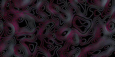 Multicolor wave and light trail background, Luxury gradient color topography wave lines isolated on black background, Beautiful Topo Wallpaper, Contour topographic map background vector illustration.