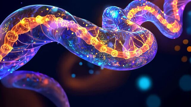 A bioluminescent chain, glowing in neon blue, purple, green, and orange colors on a black background.