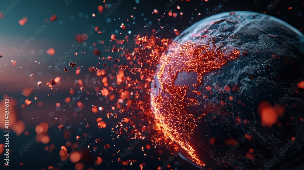 Poster globe cybersecurity and protection 3d rendering of earth with a digital shield protecting network co