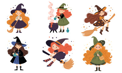 Fototapeta premium A set of flat vector illustrations in a simple children's style. Cute witches brewing potion, flying on a broom. Kind and cheerful witches girls. Vector illustration