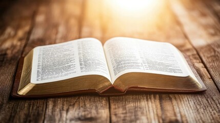 Obraz premium An open Bible lies on a rustic wooden surface, with warm light illuminating its pages.