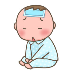 発熱して冷却ジェルシートを額に貼っている男の子